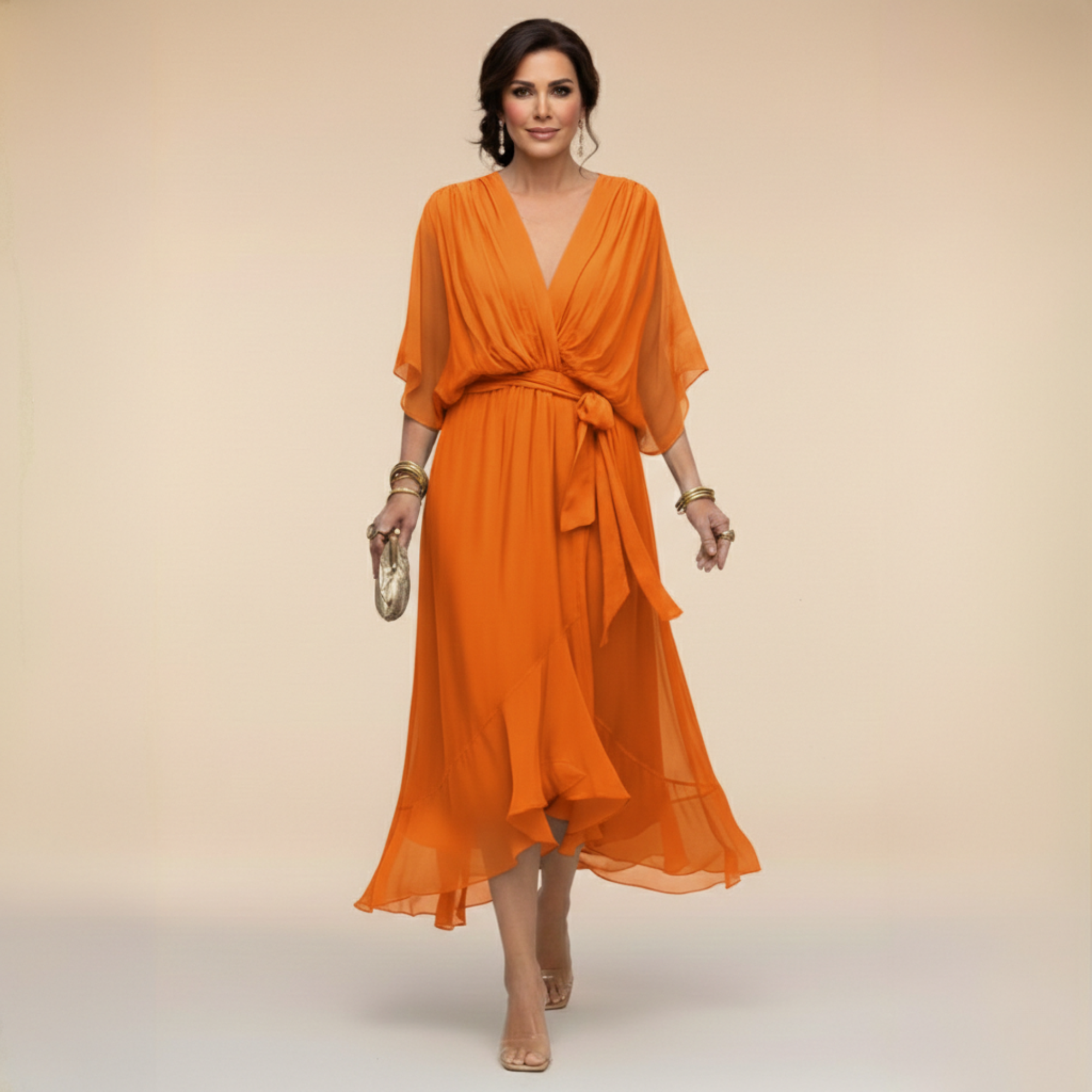Mila | Elegante chiffon midi jurk met strikceintuur