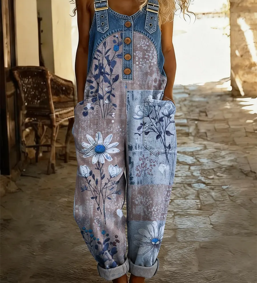 Eveline | Denim jumpsuit met patchwork bloemenprint en losse pasvorm