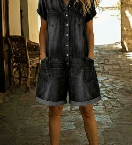 Denim playsuit met kraag en korte mouwen voor casual zomerdagen