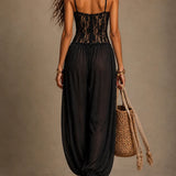 Eulalie | Zwarte bohemian jumpsuit met kant en wijde pijpen
