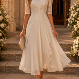 Rose | Elegante midi-jurk met kant en transparante mouwen