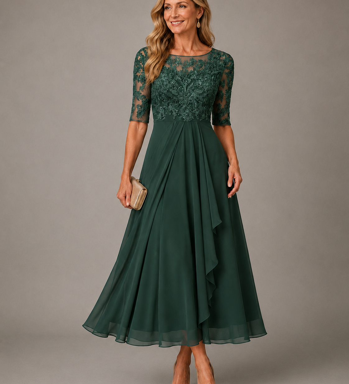 Rose | Elegante midi-jurk met kant en transparante mouwen