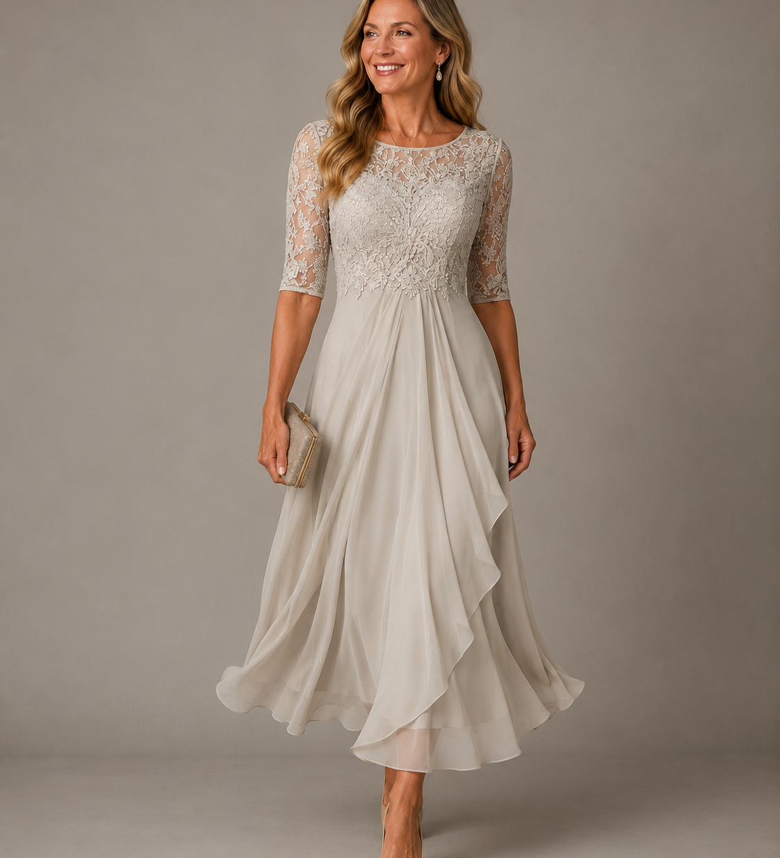 Rose | Elegante midi-jurk met kant en transparante mouwen