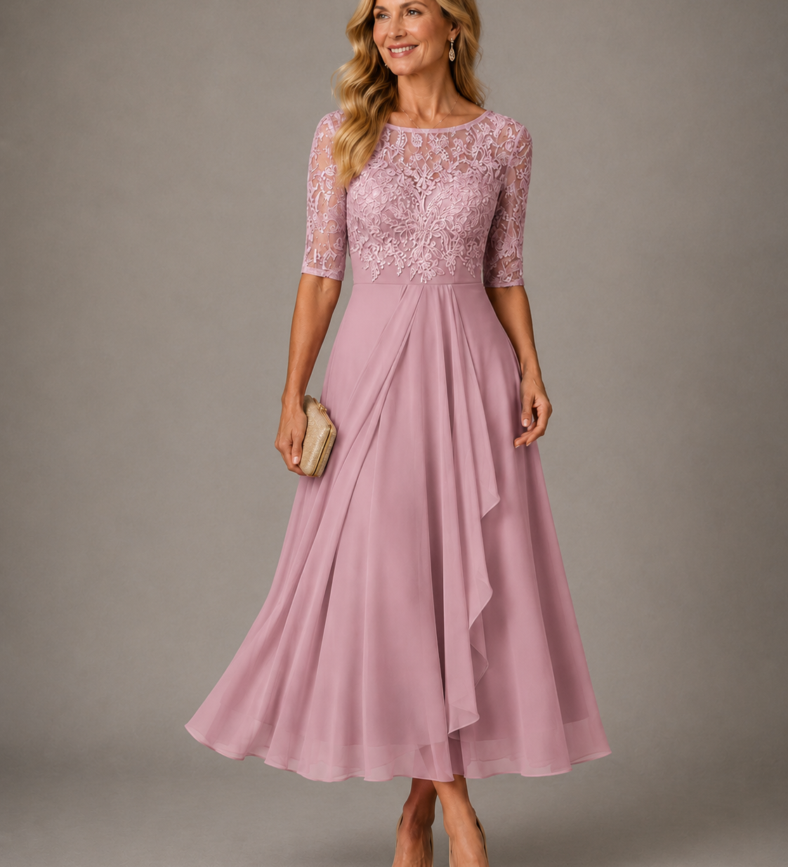 Rose | Elegante midi-jurk met kant en transparante mouwen