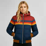 Pufferjas met retro regenboogstrepen en ganzendonsvoering