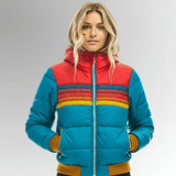 Pufferjas met retro regenboogstrepen en ganzendonsvoering