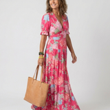 Ione | Mouwloze midi-jurk met bloemen en V-hals
