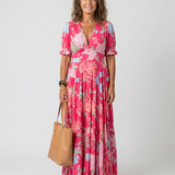 Ione | Mouwloze midi-jurk met bloemen en V-hals