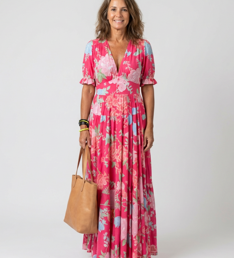 Ione | Mouwloze midi-jurk met bloemen en V-hals