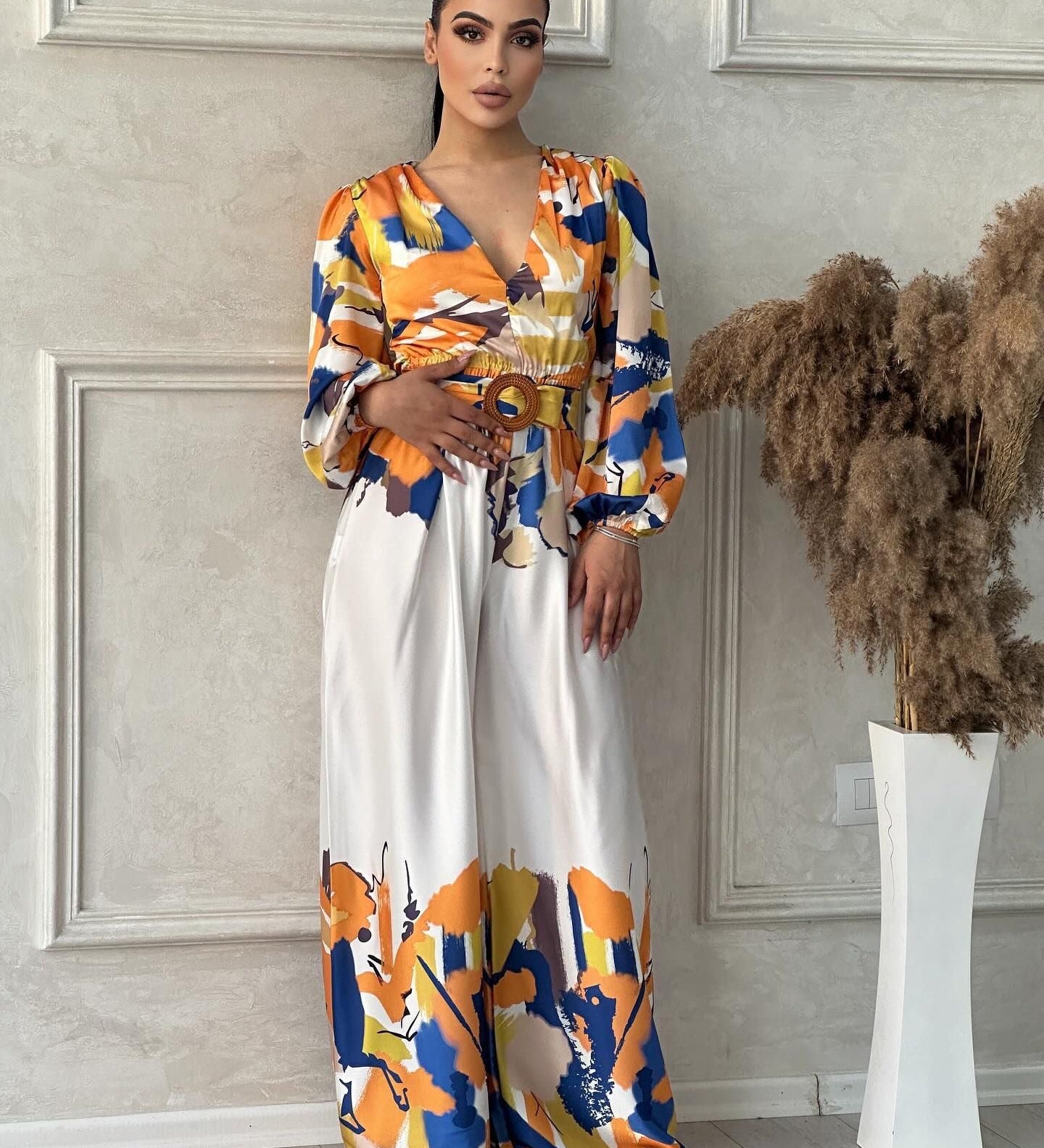 Maxi Jurk met Statement Print en Getailleerde Taille