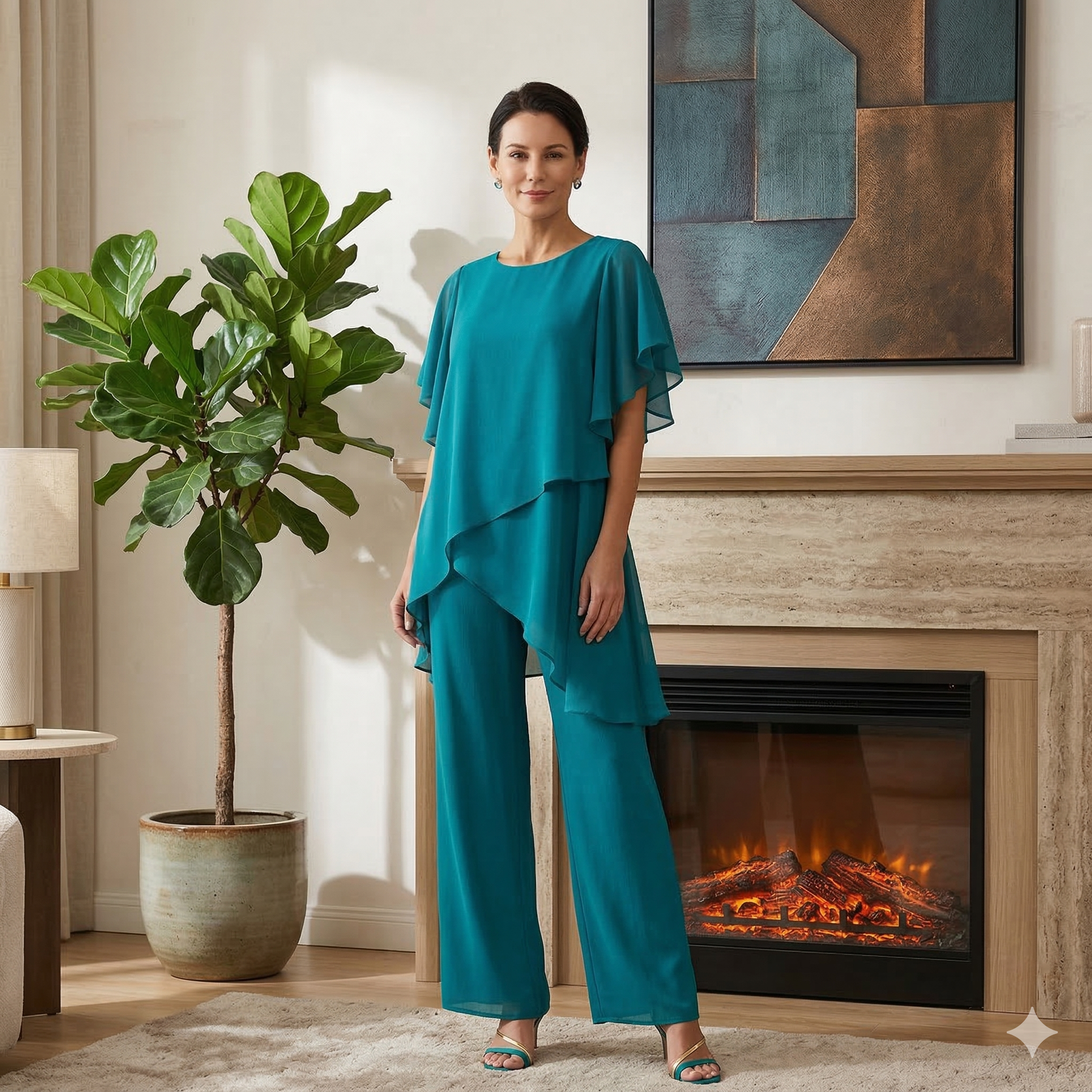Chique set met wijde broek en gelaagde top voor werk en vrije tijd