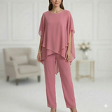 Chique set met wijde broek en gelaagde top voor werk en vrije tijd