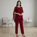 Chique set met wijde broek en gelaagde top voor werk en vrije tijd