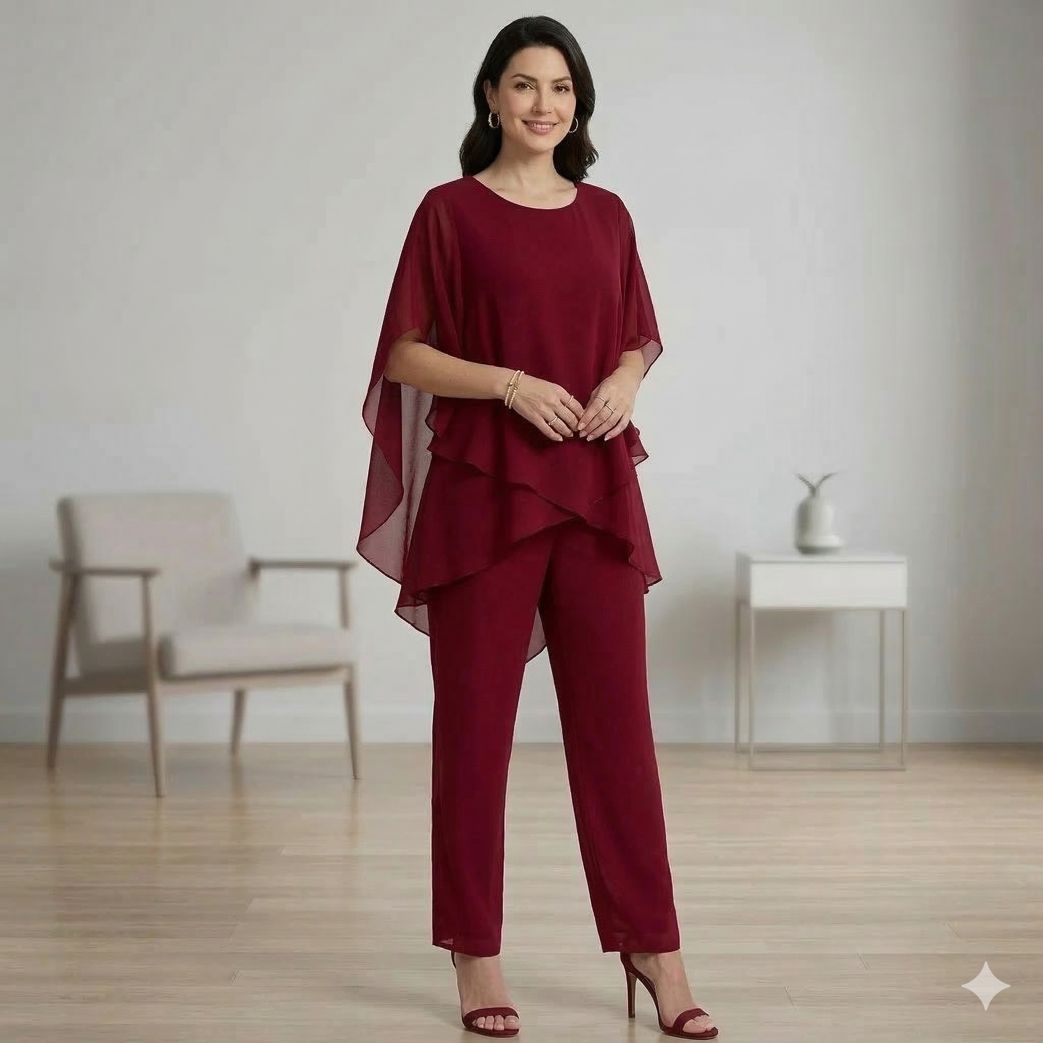 Chique set met wijde broek en gelaagde top voor werk en vrije tijd