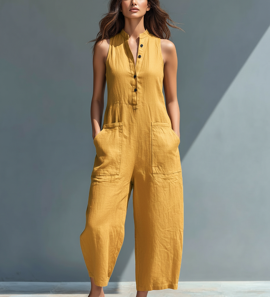 Mouwloze Jumpsuit met Mandarin Kraag en Ontspannen Pasvorm