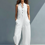 Mouwloze Jumpsuit met Mandarin Kraag en Ontspannen Pasvorm