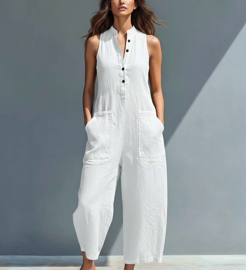 Mouwloze Jumpsuit met Mandarin Kraag en Ontspannen Pasvorm