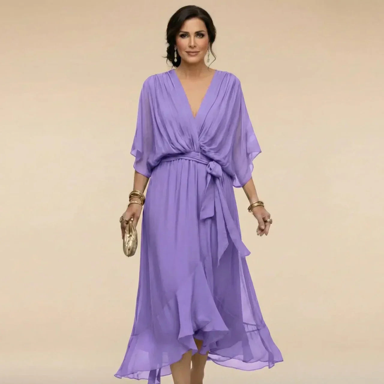 Mila | Elegante chiffon midi jurk met strikceintuur