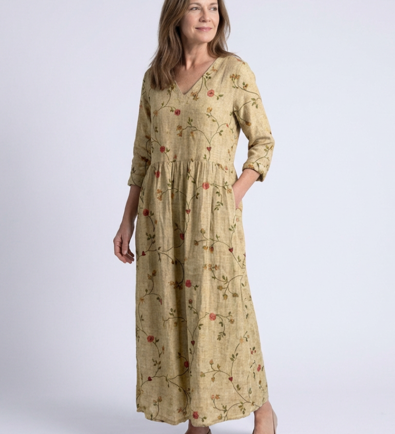 Marina | Maxi jurk met V-hals en bloemenprint met driekwartmouwen
