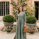 Marina | Maxi jurk met V-hals en bloemenprint met driekwartmouwen