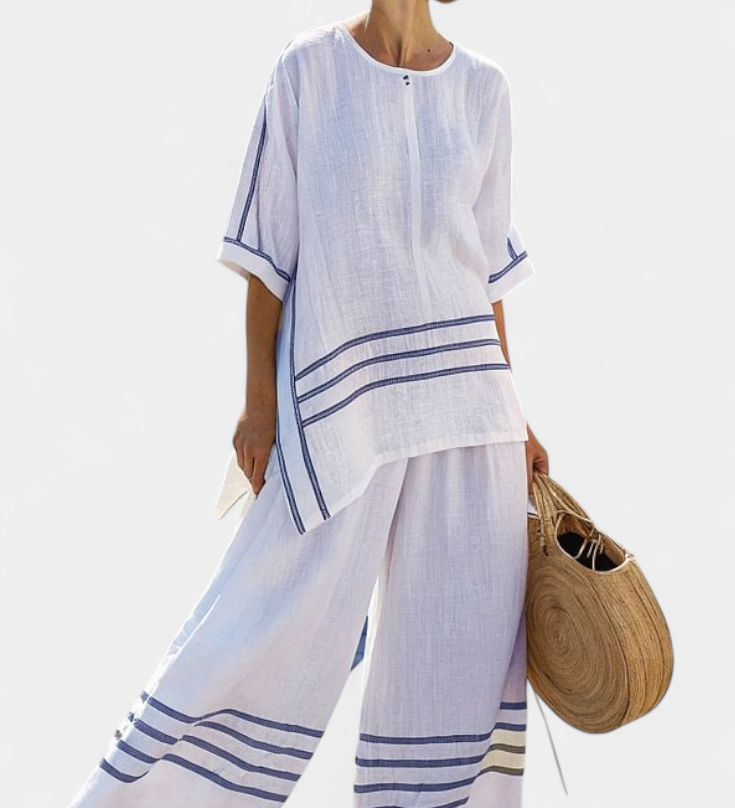 Linnen set met gestreepte top en wijde broek voor zomerse dagen