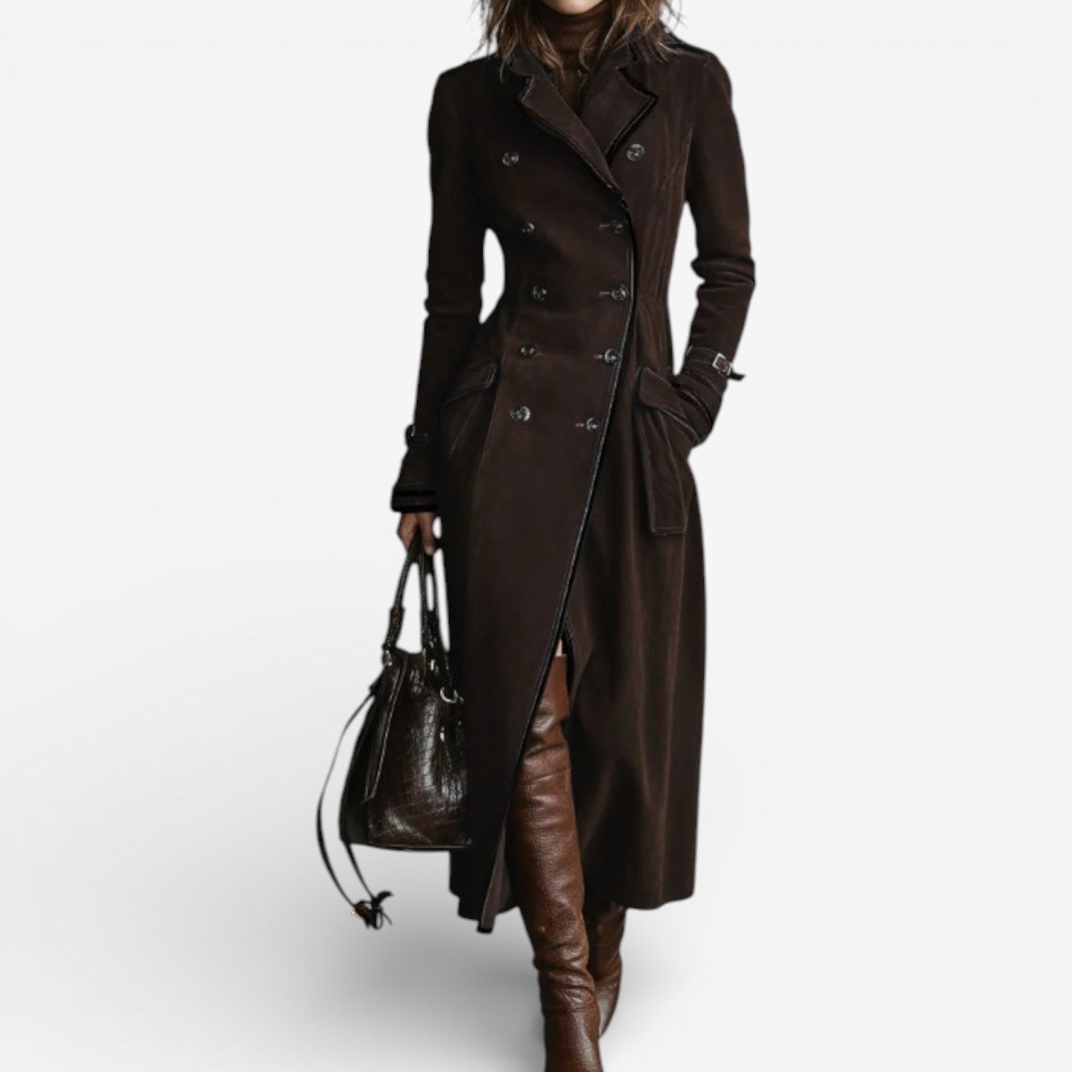 Suède trenchcoat met dubbele rij knopen en caramelkleur