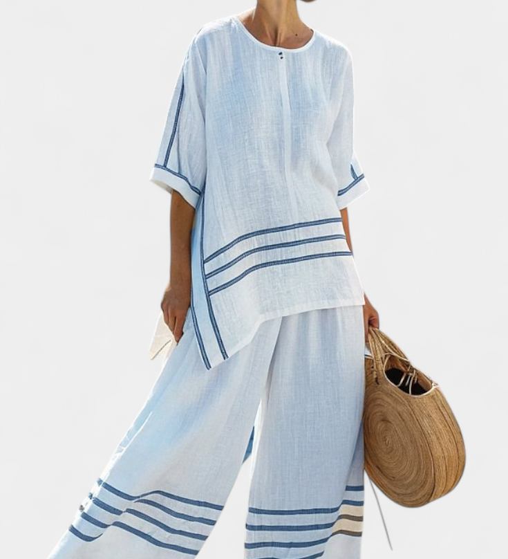 Linnen set met gestreepte top en wijde broek voor zomerse dagen