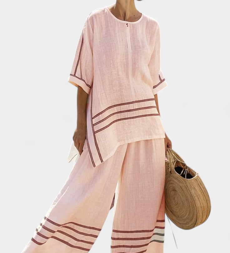 Linnen set met gestreepte top en wijde broek voor zomerse dagen