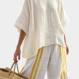Linnen set met gele strepen en oversized blouse