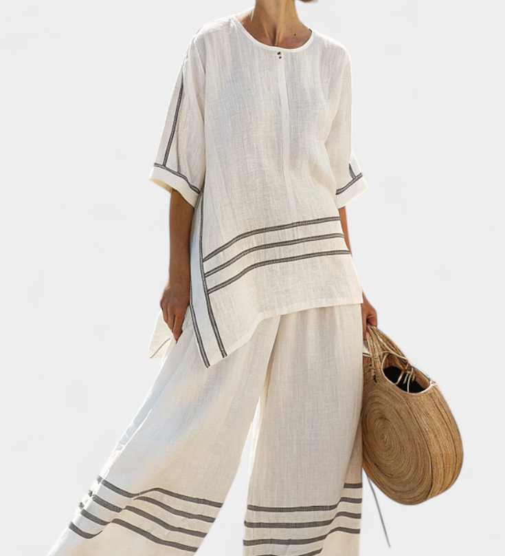 Linnen set met gestreepte top en wijde broek voor zomerse dagen