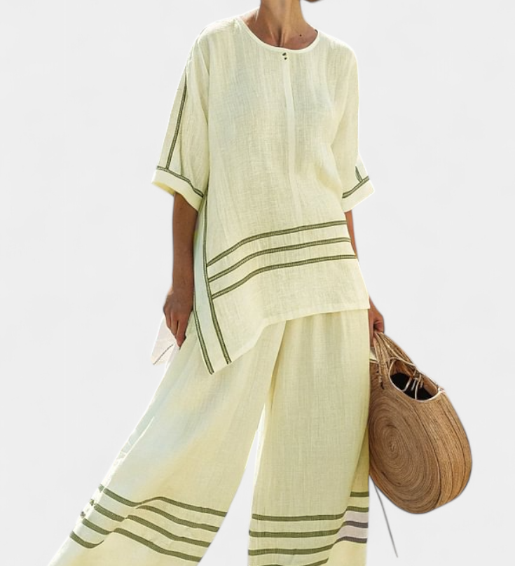 Linnen set met gestreepte top en wijde broek voor zomerse dagen