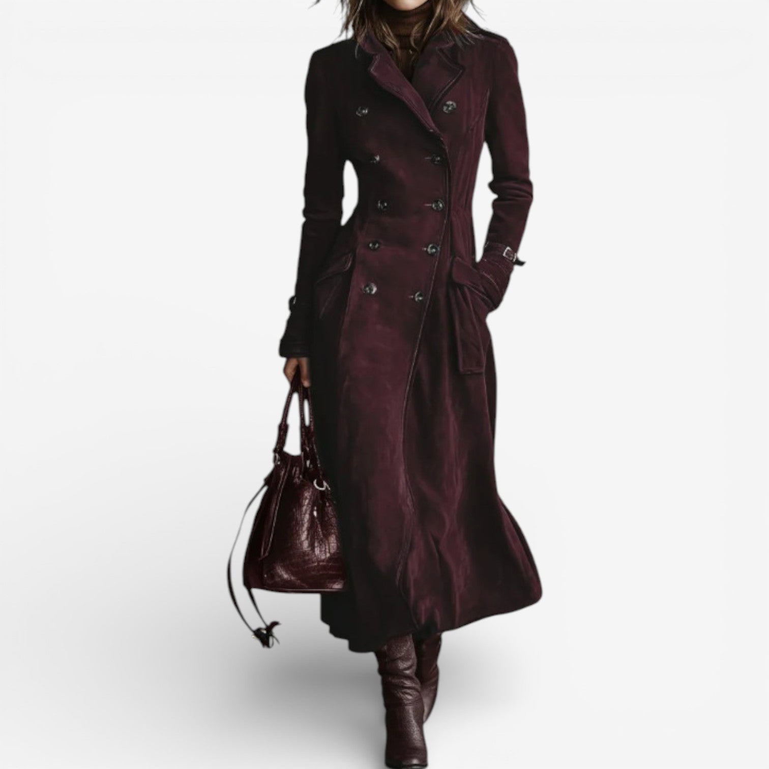 Suède trenchcoat met dubbele rij knopen en caramelkleur
