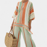 Linnen Set met Levendige Strepen en Asymmetrische Blouse