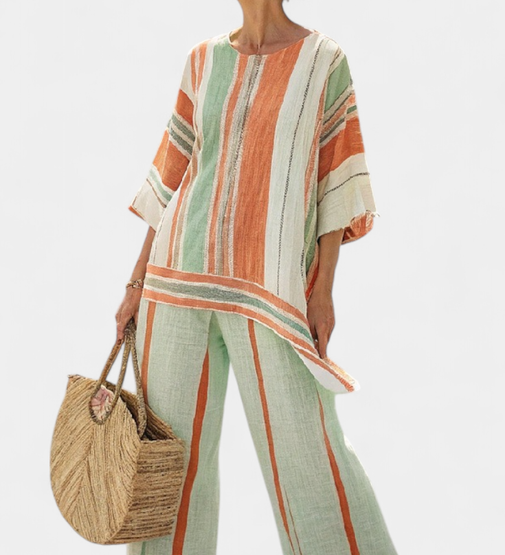 Linnen Set met Levendige Strepen en Asymmetrische Blouse