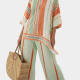 Linnen Set met Levendige Strepen en Asymmetrische Blouse