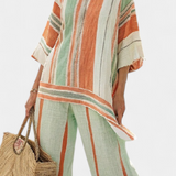 Linnen Set met Levendige Strepen en Asymmetrische Blouse