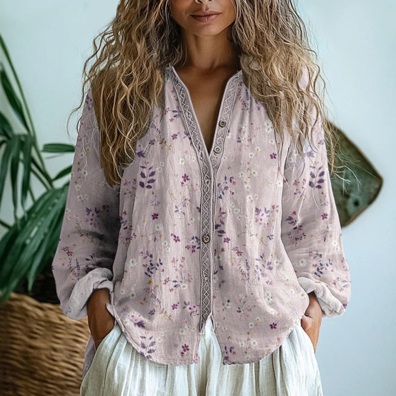 Blouse met bladprint en boho look voor vrouwelijke elegantie