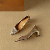 Glitter Pumps met kristallen gesp en comfortabele blokhak