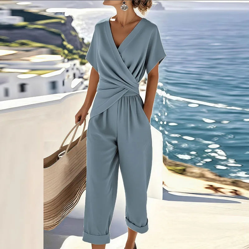 Twee-delige set met wrap-top en getailleerde broek