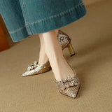 Glitter Pumps met kristallen gesp en comfortabele blokhak