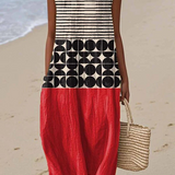 Mouwloze midi-jurk met kleurblokpatroon en grafische print