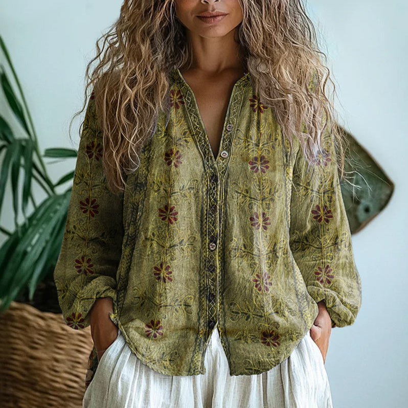 Blouse met bladprint en boho look voor vrouwelijke elegantie