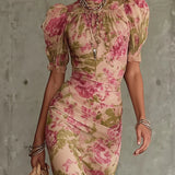 Eugenia Vestido Maxi con Estampado Floral Vintage Rosa y Mangas Abullonadas (Accesorios no incluidos)
