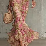 Eugenia Vestido Maxi con Estampado Floral Vintage Rosa y Mangas Abullonadas (Accesorios no incluidos)