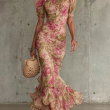 Eugenia Vestido Maxi con Estampado Floral Vintage Rosa y Mangas Abullonadas (Accesorios no incluidos)