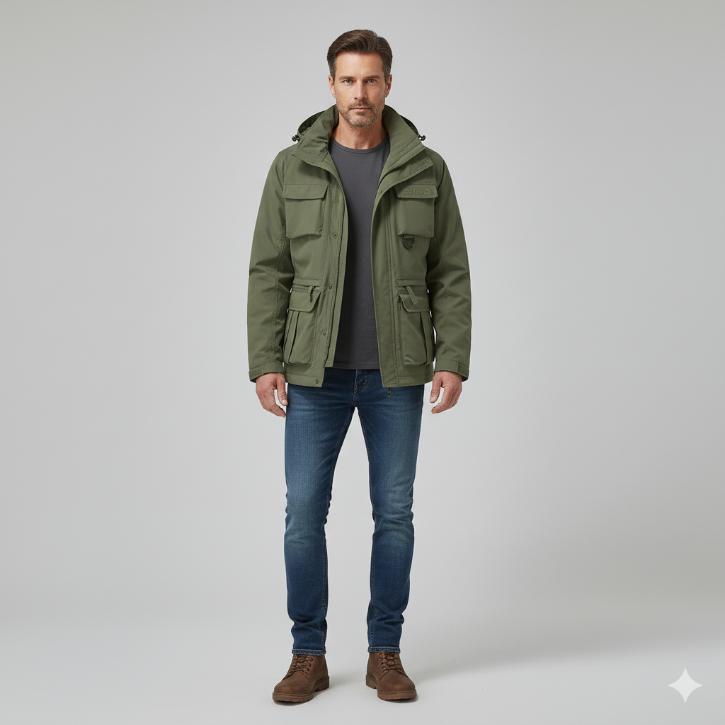 Winterjas met militaire details en weerbestendige afwerking