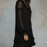 Carolina Vestido Mini de Chiffon Negro con Mangas Farol y Volantes