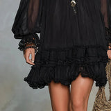 Carolina Vestido Mini de Chiffon Negro con Mangas Farol y Volantes