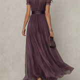 Fabiola | Paarse chiffon maxi-jurk met kanten details