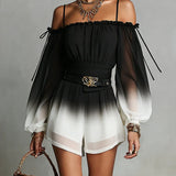 Cloe Mono de Chiffon Blanco y Negro con Degradado, Escote Bardot y Cinturón a la Cintura